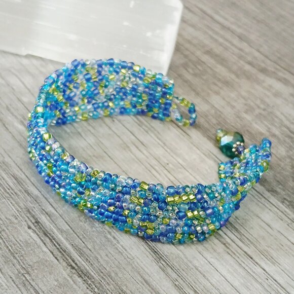 Boho Chic Beaded Bracelet, Green & Blue Seed Bead Jewelry, Herringbone 6" - Picture 10 of 11